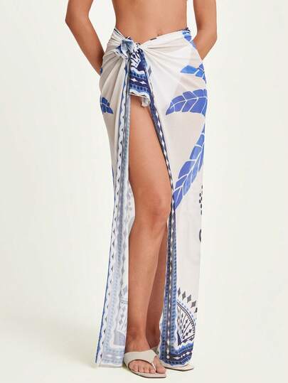 CAJUNI Gonna midi in tessuto a maglia semi-trasparente con stampa di palme blu, con vita annodata, adatta per le vacanze estive