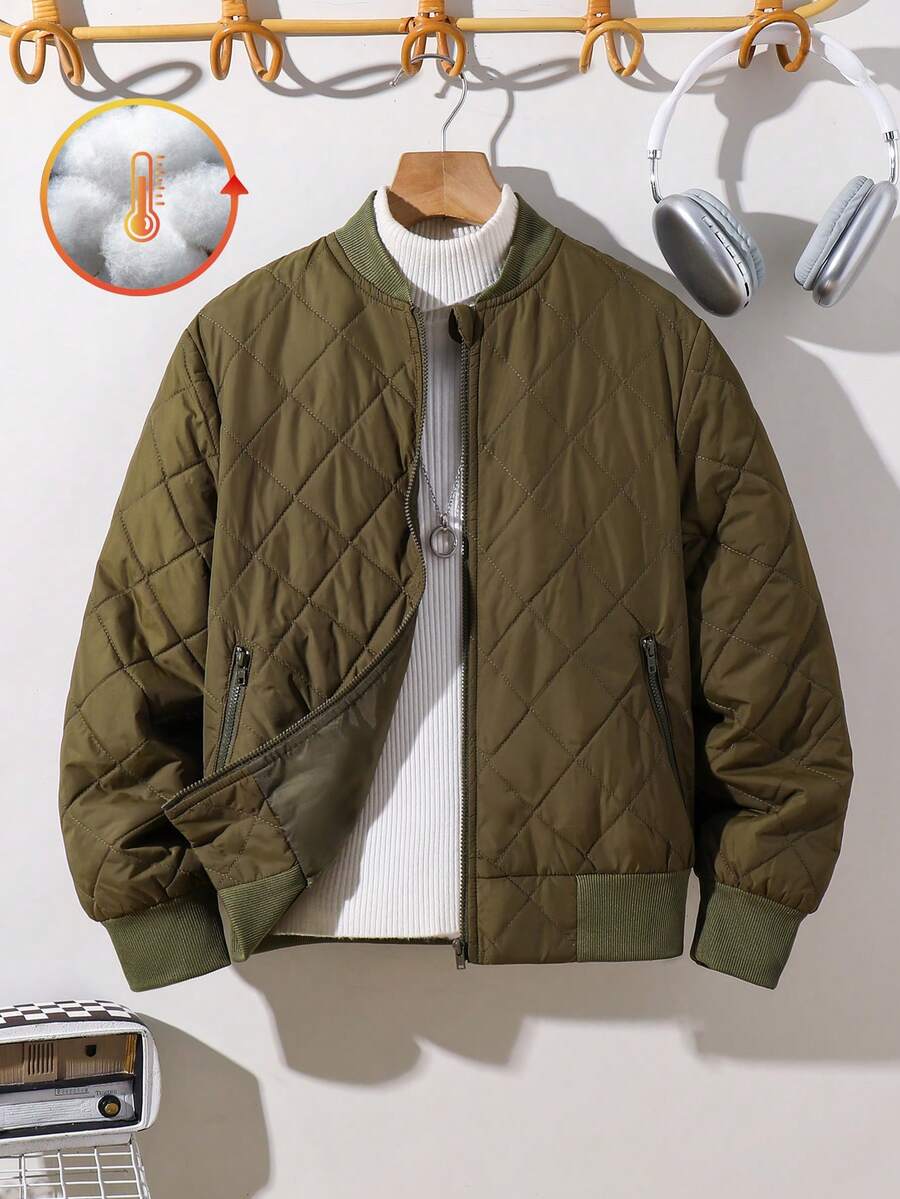 SHEIN Tween Boy Letter Patched Detail Teddy Lined Zipper Up Padded Coat - Army Green - View 1