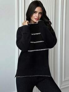 Firerie 女士休闲宽松撞色针织毛衣套装长袖圆领上衣裤子套装适合春秋冬季撞色边针织套装春秋冬装通勤优雅休闲日常工作装 - 黑色 - 查看 4