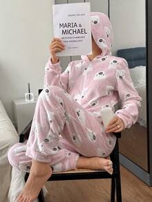 SHEIN 可爱小熊印花抓绒长袖连帽女式连体衣，蓬松舒适睡衣，秋冬款 - 粉色 - 查看 1