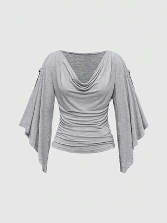 Hippie Vintage Loose Wooden Bead Decor Scoop Neck Cinched Waist Batwing Sleeve Women T-Shirt