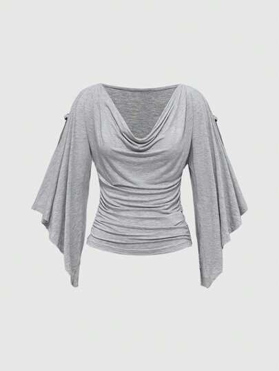 Hippie Vintage Loose Wooden Bead Decor Scoop Neck Cinched Waist Batwing Sleeve Women T-Shirt