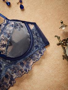 SHEIN Sutien de damă transparent cu dantelă brodată, bleumarin, cu model lifting - Albastru regal - Vizualizare 4