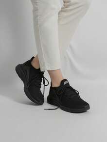 Tenis para hombre ligero tejido transpirable punta redonda con cordones suela gruesa negra estilo deportivo casual diario - Negro - Ver 3