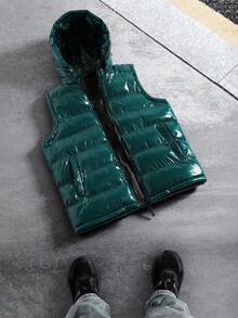 Manfinity EMRG 男士休闲亮面绗缝拉链连帽棉服外套，秋冬 - 綠色 - 查看 3