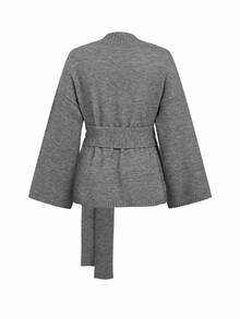 Ellevyn كارديجان كاجوال أحادي اللون للمقاسات الكبيرة، كارديجان محبوك للشتاء للمقاسات الكبيرة، كارديجان صوفي رمادي، بتصميم ربطة، كارديجان عيد الميلاد، ملابس عيد الميلاد والعام الجديد، للمكتب، المواعيد، التنقل - رمادي فاتح - مشاهدة 3