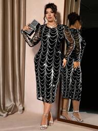 Cravure Rochie sexy transparentă și strălucitoare pentru femei, mărime plus, cu guler rotund și mânecă raglan