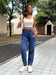 SHEIN PETITE Quần jean nữ dáng suông ống côn, quần jean lửng cạp thấp màu xanh dương, quần jean ống loe, quần jean nữ dáng nhỏ nhắn. - Rửa tối - Xem 3