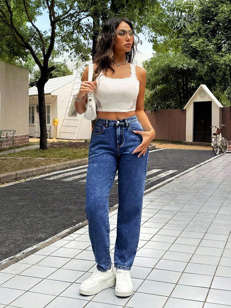 SHEIN PETITE 女士休闲修身锥形七分牛仔裤，蓝色低腰宽松牛仔裤，喇叭裤型女式牛仔裤，娇小款女式牛仔裤 - 深色水洗藍 - 查看 3