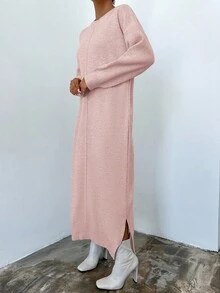 EURMUSE Women's Round Neck Solid Color Drop Shoulder Sweater Dress - Pink - View 3