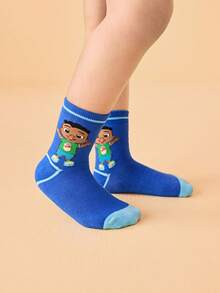 CoComelon X SHEIN 3 Pairs Boys Cotton Soft & Breathable Moisture-Wicking Kids Mid-Calf Socks Colorful Cute Cartoon Crew Socks Reinforced Toe & Heel For Durability All Seasons All-Match School & Outdoor Summer Winter,Dinosaur,Blue & White - Multicolor - View 6