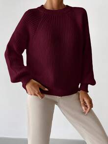 EURMUSE Women's Casual Solid Color Raglan Sleeve Sweater, Autumn - Burgundy - View 4