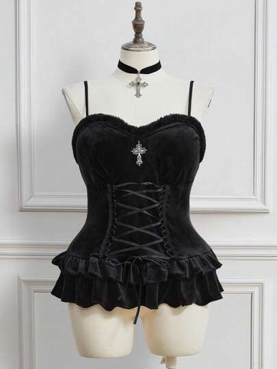 Goth Canotta da donna taglie forti con patchwork in pelliccia finta e velluto, con lacci incrociati sul davanti e balza arricciata, adatta come capo interno o esterno