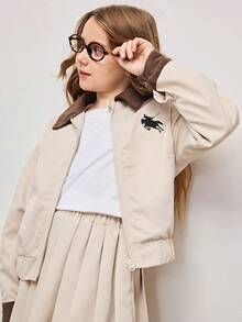 2pcs/Set Fashionable Tween GirlsEmbroidered Collar Khaki Zip-Up Cropped Jacket + Matching High Waist Pleated Mini Skirt Set, Suitable For Daily Commute And Leisure