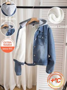 Teen Girl Blue Denim Thermal Lined Hooded Long Sleeve Jacket, Autumn/Winter