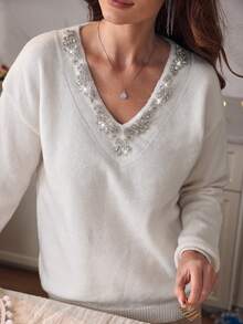 SHEIN Clasi Women's V-Neck Sequin Trim Pullover Sweater, Autumn/Winter - Beige - View 6