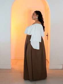 Pretty and Ole 大码女式灰色高腰长款褶皱 A 字裙，带口袋，松紧腰，秋季开学 - 卡其色 - 查看 8