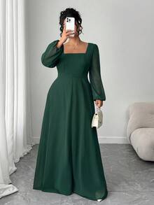 SHEIN Clasi Plus Size Women Square Neck Waist Cinched Long Sleeve Dress - Dark Green - View 6