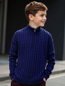 SHEIN Sweter z długim rękawem i zamkiem błyskawicznym, w jednolitym kolorze dla chłopców, jesień/zima - Królewski Niebieski - Zobacz 1