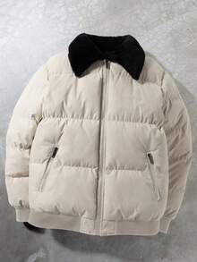 Manfinity Hypemode 男士长袖休闲通勤撞色抓绒领拉链羽绒服，秋冬蓬松羽绒服 - 米色 - 查看 1