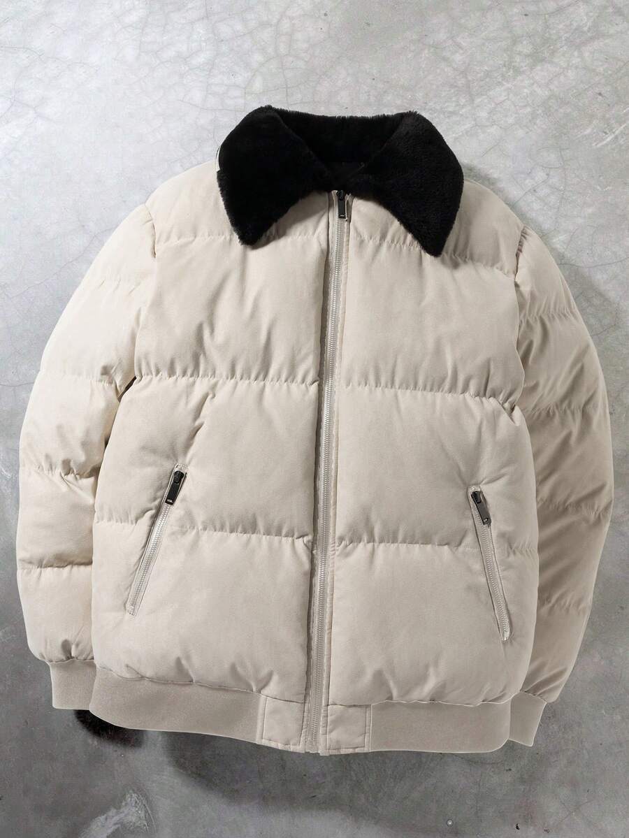 Manfinity Hypemode 男士长袖休闲通勤撞色抓绒领拉链羽绒服，秋冬蓬松羽绒服 - 米色 - 查看 1