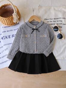 Young Girl Autumn/Winter Casual Commute School Style Bow Decor Cable Knit Cardigan And Pleated Skirt Set - Grey - View 1