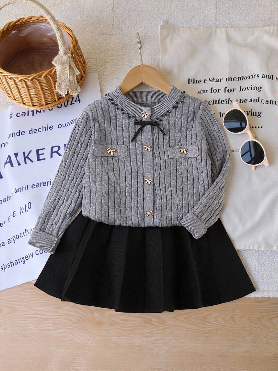 Young Girl Autumn/Winter Casual Commute School Style Bow Decor Cable Knit Cardigan And Pleated Skirt Set - Grey - View 1