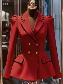 Franclia 通勤时尚百搭收腰双排扣金属纽扣撞色黑色饰边卡其色女式西装外套，优雅春秋季外套，女士商务休闲装，漂亮女士西装外套 - 紅色 - 查看 3