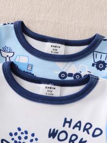 4 件套新生儿男婴简约汽车印花长袖上衣和裤子舒适睡衣套装 - 藏蓝色 - 查看 5