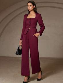 Revavyn Conjunto de blazer y pantalones de mujer de unicolor, de manga larga, con cuello invertido y ajustado - Rojo - Ver 1