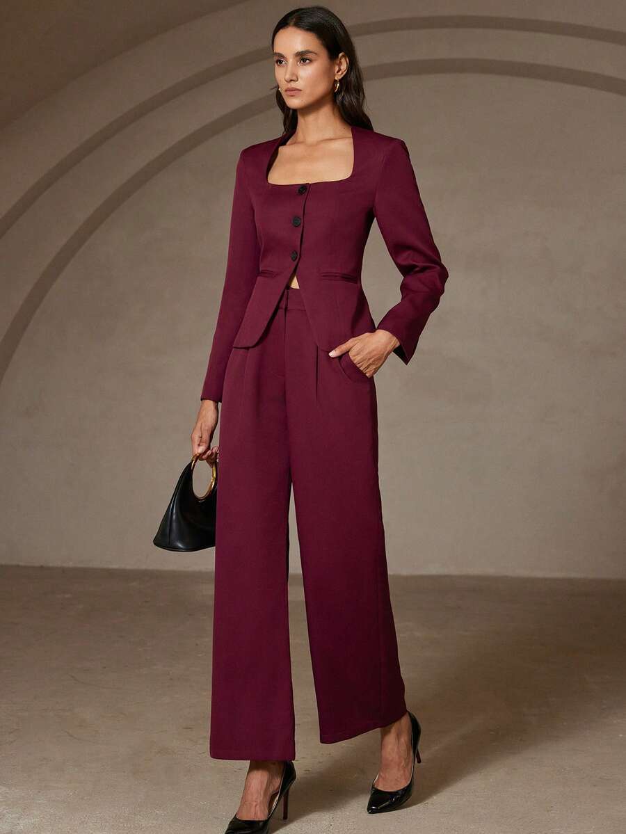 Revavyn Conjunto de blazer y pantalones de mujer de unicolor, de manga larga, con cuello invertido y ajustado - Rojo - Ver 1