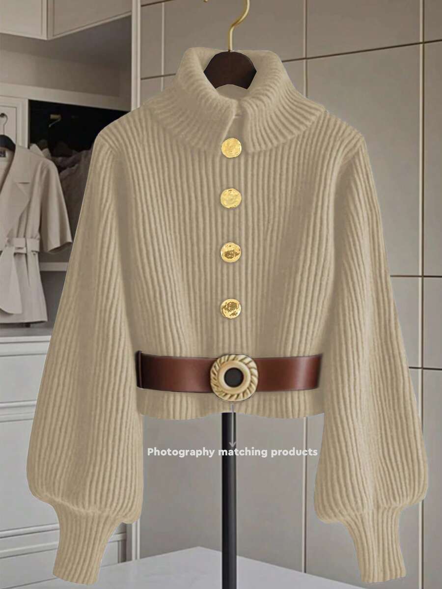 GlowEve 女士时尚百搭高领金属纽扣灯笼袖毛衣 - 卡其色 - 查看 1