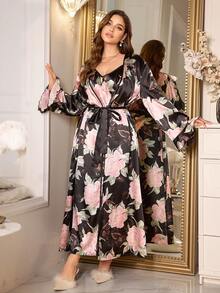 SHEIN MuseNap CURVE 加大码印花缎面吊带睡袍套装，冬季 - 黑色 - 查看 4