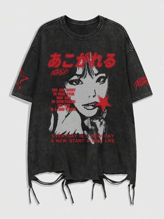 Goth Maglietta casual da uomo a girocollo, manica corta, con stampa di slogan in stile acido-lavato e motivo anime