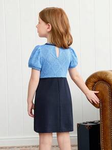 Joliand Joliand 1pc Young Girls Elegant Navy Blue Dress,Summer Back-To-School Geometric Print Puff Sleeve Bow Decor Patchwork School Uniform Preppy Career Day Dress - Multicolor - View 3