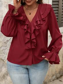 SHEIN VCAY Plus Size Women Casual Vacation Style Solid Color V-Neck Ruffle Trim Loose Blouse - Burgundy - View 3