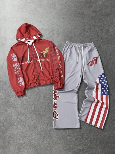 Street Life Men's Hooded Sweatshirt Set, Autumn/Winter Street American English Graphic Print Zip-Up Hoodie Set, Unisex