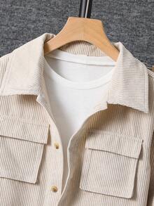 SHEIN 2 件套青少年男孩休闲灯芯绒面料工装口袋翻领长袖衬衫和松紧腰裤套装，适合秋季/春季、户外玩耍、学校、街头风格、派对和休闲，性价比高 - 杏色 - 查看 8