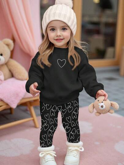1pc Black Cute Heart Print Baby Girl Casual Minimalist Soft Thick Comfortable Crew Neck Long Sleeve Sweatshirt And Leggings Set, Suitable For Autumn/Winter Daily, Home, Cozy Season, Autumn & Winter Outfits For Outing, Easy Comfort, Autumn & Winter Layers For Baby Girls, Stylish Baby Girls, Casual Wear, Baby Girl Graphic Clothes, Fall & Winter Clothes, Christmas Clothes, Chic Autumn, Fall New Style, Homecoming, Winter Fashion