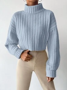 EURMUSE Mock Neck Drop Shoulder Ribbed Knit Sweater - Baby Blue - View 4