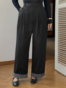 Dazy Plus Plus Size Women's Contrast Color Block Striped Hem Casual Loose Straight Leg Pants - Black - View 3