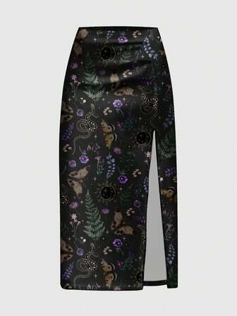 Frauen Große Größen Gothic High Slit Mysteriöser Fledermaus, Schmetterling, Sonne, Mond, Stern, Pflanze, Pilz Blatt Muster Bodycon Rock