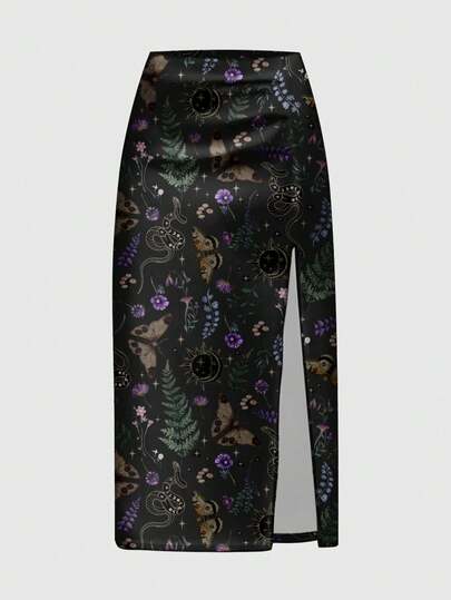 Goth Gonna aderente da donna taglie forti in stile gotico con ampia spaccatura, stampa misteriosa di pipistrelli, farfalle, soli, lune, stelle, piante e foglie di funghi