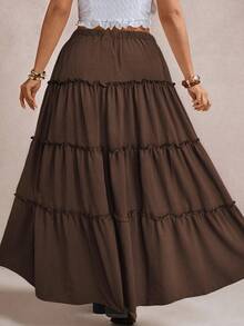 Freevana Plus Size Solid Color Skirt, Casual Holiday - Mocha Brown - View 2