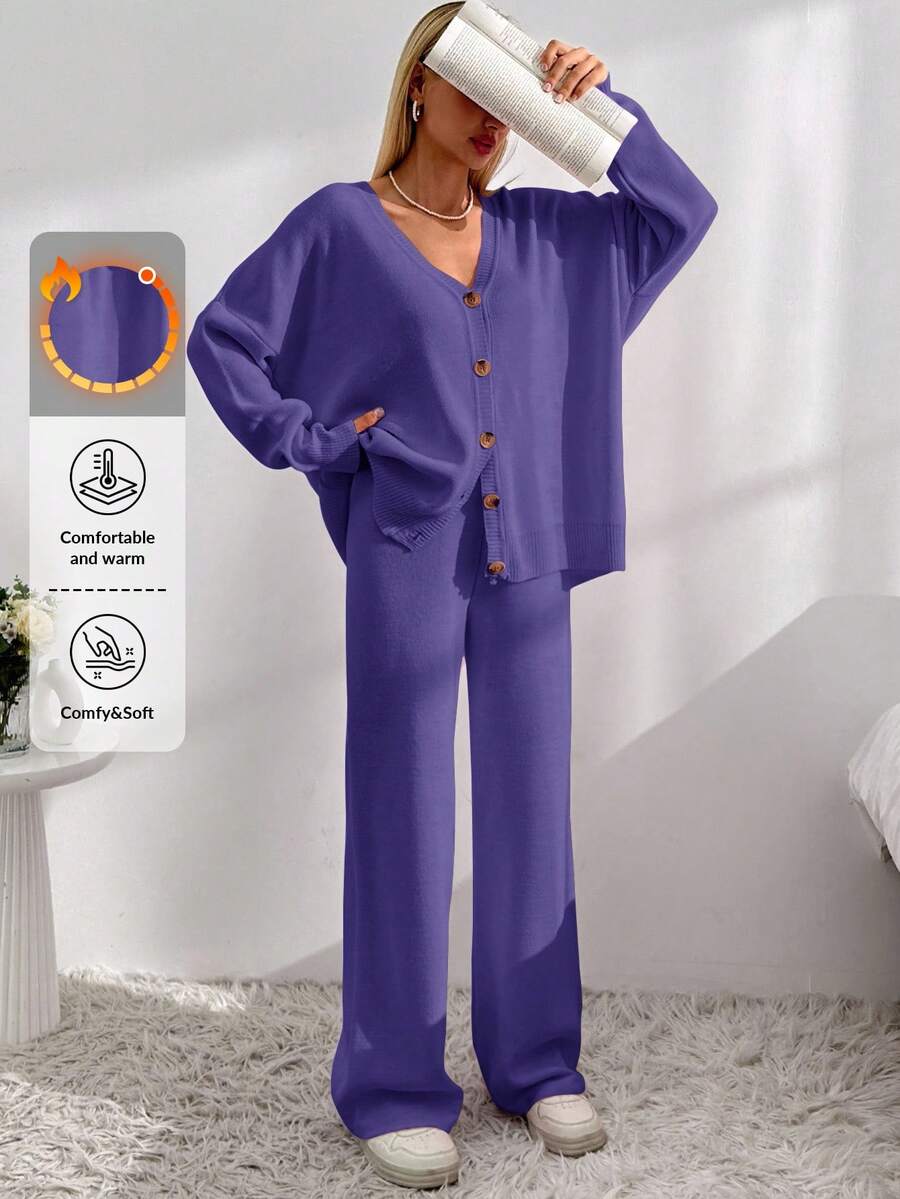 EURMUSE Drop Shoulder Cardigan & Tie Front Knit Pants - Purple - View 1