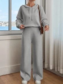 EURMUSE Women Solid Color Drop Shoulder Hooded Pullover & Sweater Pants Set - Light Grey - View 4
