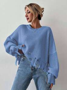 EURMUSE Jersey de hombros caídos desgarro roto ribete - Azul - Ver 3