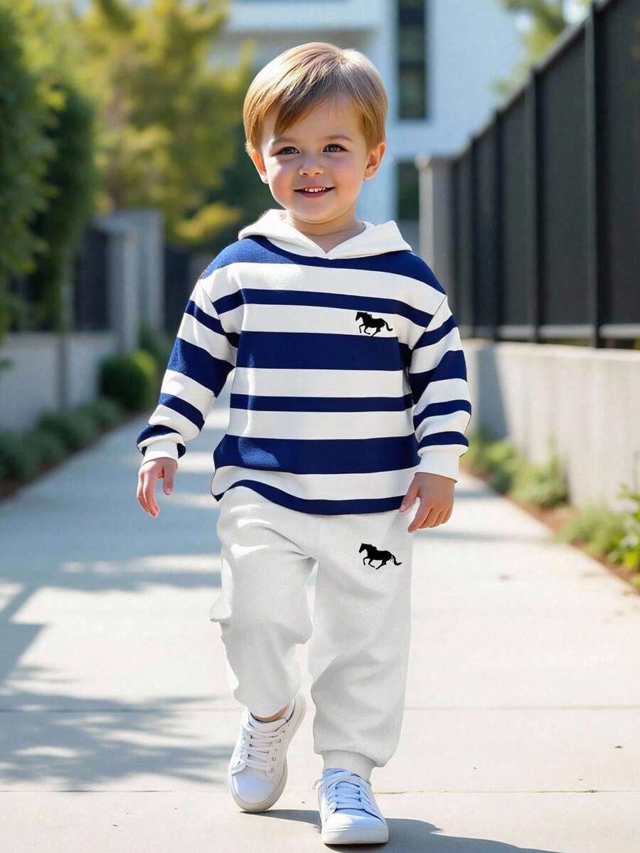 SHEIN Kleine Jungen 2 Stücke/Set Lässig Klassisch Marineblau gestreiftes Muster, detaillierter Pferde-Logo-Muster, locker sitzender Pullover Hoodie Sweatshirt Set, geeignet für Herbst/Winter - Verschiedenfarbig - Übersicht 1