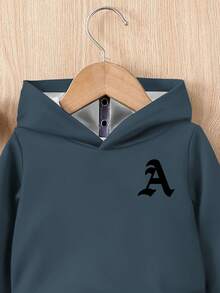 SHEIN 男婴休闲简约经典时尚哥特式字母 A 印花宽松舒适柔软针织连帽运动服，适合秋冬季 - 彩色 - 查看 6