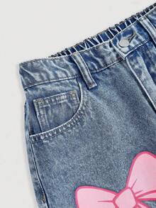 Girlism 千禧少女可爱时尚粉色蝴蝶结甜甜圈印花宽松浅蓝色牛仔裤，适合秋冬季日常穿着、街头风、万圣节、圣诞节、新年、感恩节等场合。 - 中等水洗藍 - 查看 4